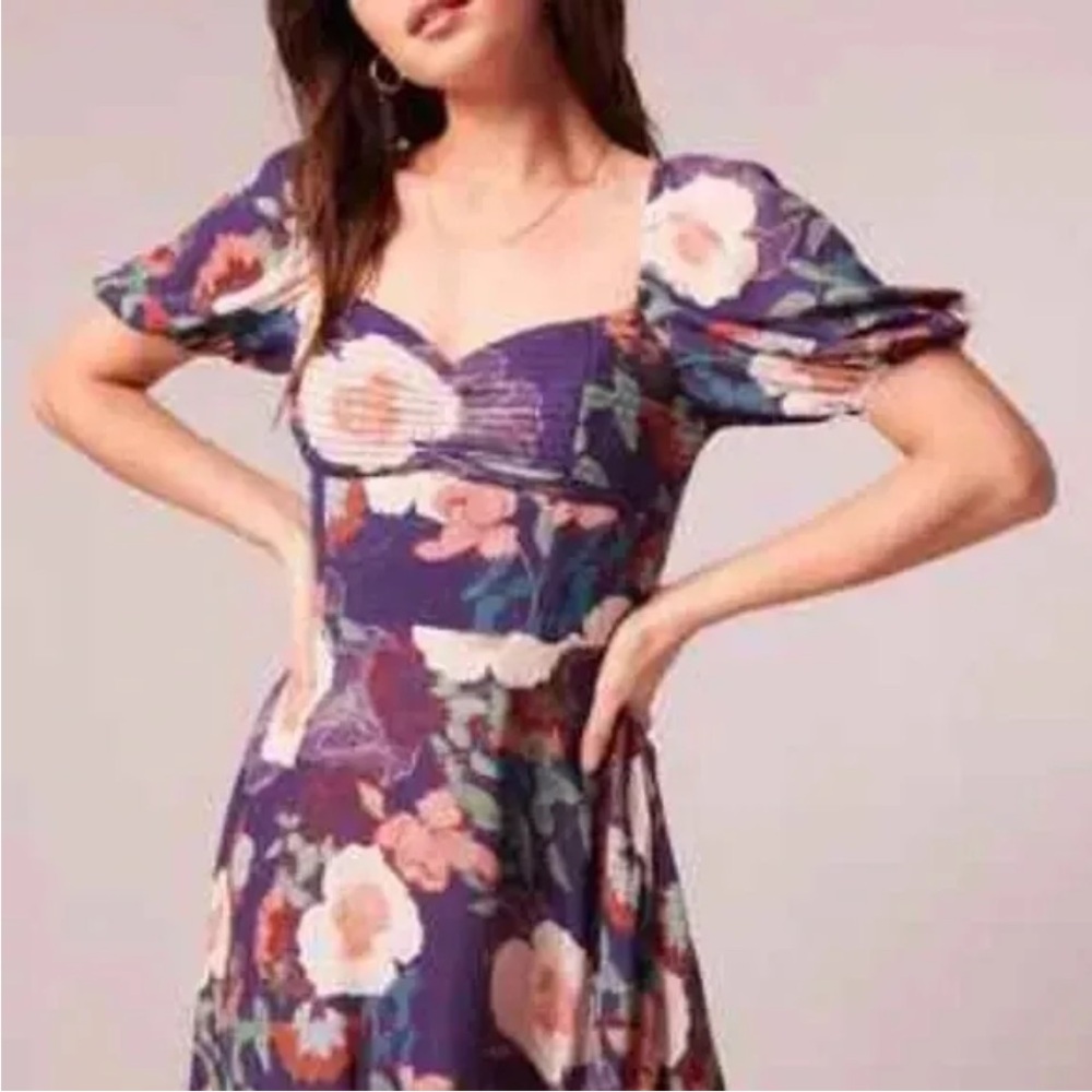Band of Gypsies Aimee Purple Ivory Puff Sleeve Floral Mini Dress M NWT - Picture 5 of 8